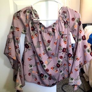 off the shoulder purple and floral king sleeve top. brand indulge. medium